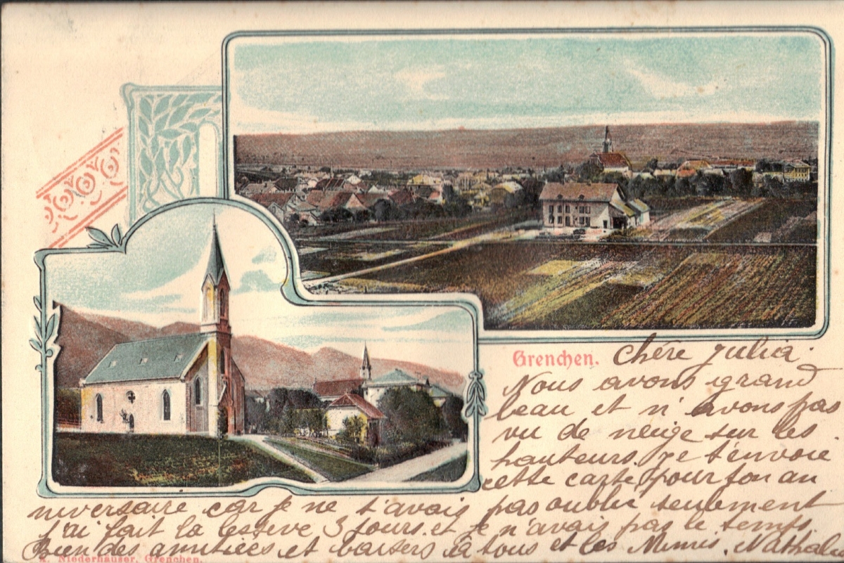 <p>Grenchen Prägekarte 2 Bildkarte koloriert 1900 , Karte guter Zustand , 15.10.1903</p>